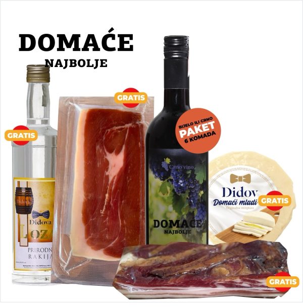 Vino Domaće najbolje 6x0,75l crno/bijelo po izboru + GRATIS Didov špek 350g + Didov narezani pršut 100g + Didov mladi sir 400g + Didova rakija Loza 0,5l