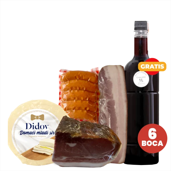 Didov classic pršut 0,55-0,76kg + Didov dimljeni špek 300g , Didov mladi sir 400g i Didova kranjska sa sirom 300g + GRATIS paket vina Domaće najbolje 1l