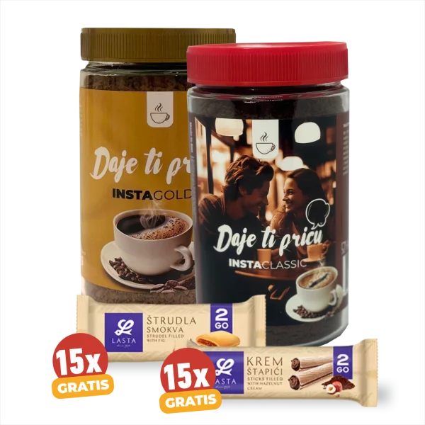 Kafa Daje ti priču Gold 160g i Instant kafa Daje ti priču Classic 200g + GRATIS 15x Lasta štrudla smokva 2/1 i 15x Lasta krem štapići lješnjak 2/1