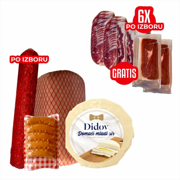 Didova šunka cca. 1kg + Didov mladi sir cca. 400g + Didova kranjska sa sirom 300g + Didova kobasica 600g (kulen/čajna/zimska po izboru) + GRATIS 6x Didov narezani špek/vrat/pršut 100g (po izboru)