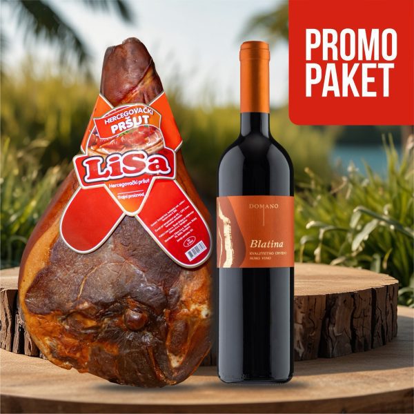 Lisa pršut s kosti (6-6,5kg) + 2x Vino Domano Kvalitetna Blatina 0,75 l