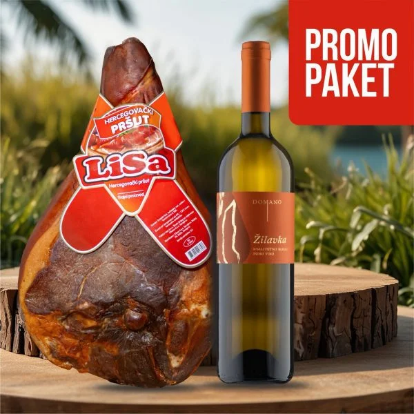 Lisa pršut s kosti (6-6,5kg) + 2x Vino Domano Kvalitetna Žilavka 0,75 l