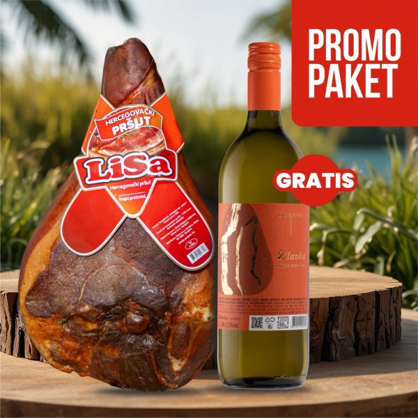 Lisa pršut s kosti (6-6,5kg) + GRATIS 2x Vino Domano kvalitetna Žilavka 1L